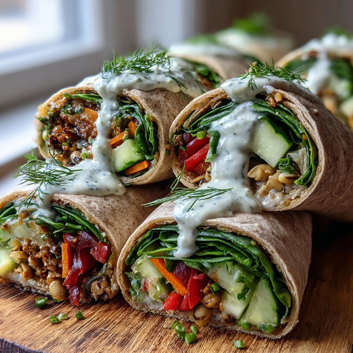 Close-up of Black-Eyed Pea Wraps showing whole wheat tortillas filled with black-eyed peas, spinach, and crisp veggies. A creamy tahini sauce is drizzled over the top on a rustic wooden board.