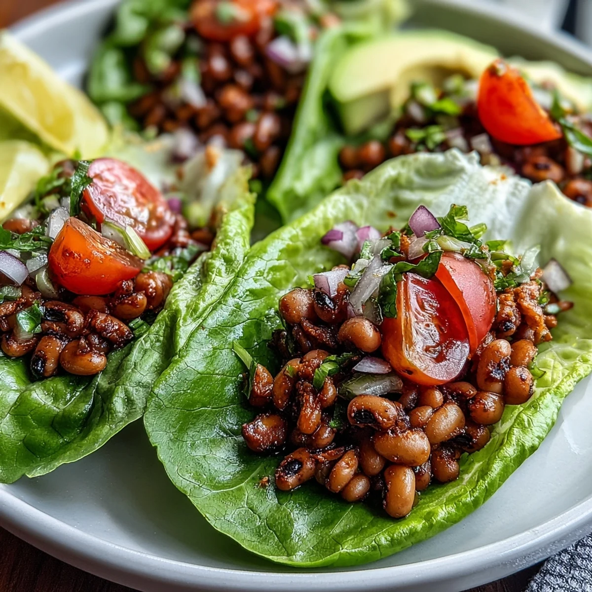 Freshly prepared Black-Eyed Pea Lettuce Wraps filled with seasoned legumes, diced red bell pepper, and topped with creamy avocado slices.