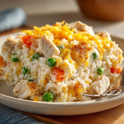 Scoops of warm Creamy Chicken and Rice Casserole&amp; easy freezer friendly weeknight meal.
