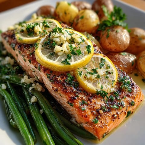 Golden, juicy Sheet Pan Lemon Garlic Salmon; an easy, flavorful weeknight dinner.