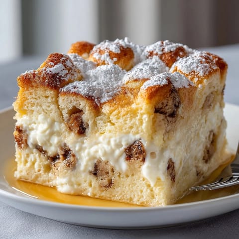 Close-up of Italian Panettone Bread Pudding layers, showing soft bread infused with creamy custard.