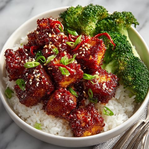 Homemade General Tso&amp;rsquo;s Tofu: a comforting vegan dinner served with steamed broccoli and rice.