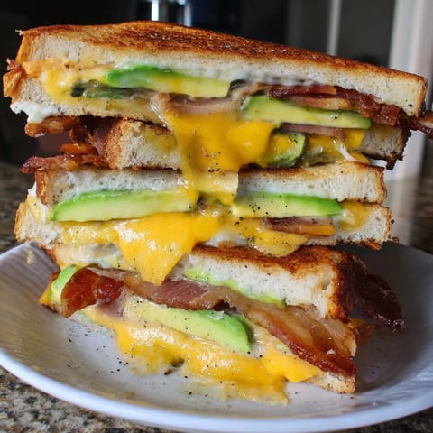 Close-up of Bacon Avocado Ranch Grilled Cheese: Each bite oozing with cheese and tangy ranch dressing.