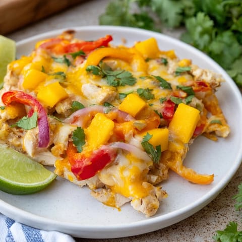 Golden melted cheese covers the easy Mango Chicken Fajita Casserole baking in a dish.