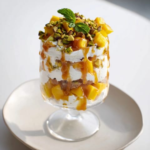 Homemade Mango Caramel Ricotta Parfait, a sweet and salty fusion dessert ready to serve.