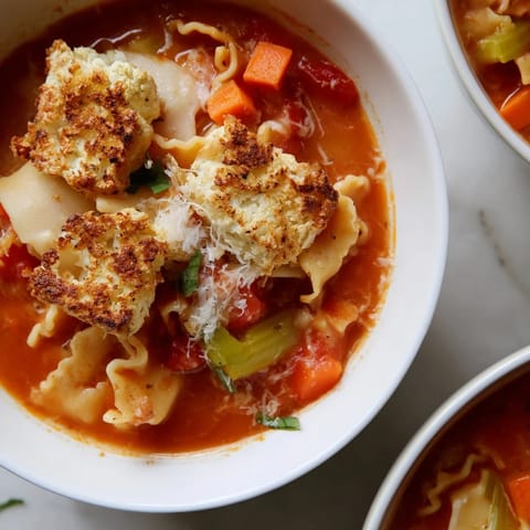 A comforting bowl of lasagne soup enriched with cheesy cauliflower croutons.  