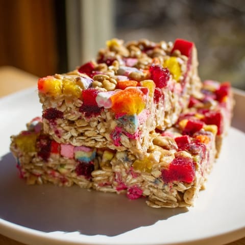 Colorful DIY snack bars featuring a wholesome oat base and juicy homemade gummies.  