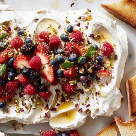 Whipped cream cheese butter board dessert with berries, perfect for sweet gatherings.  