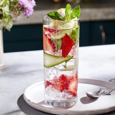 Brightly colored Water-Based Mocktails featuring lemon and strawberries, perfect for summer hydration.  