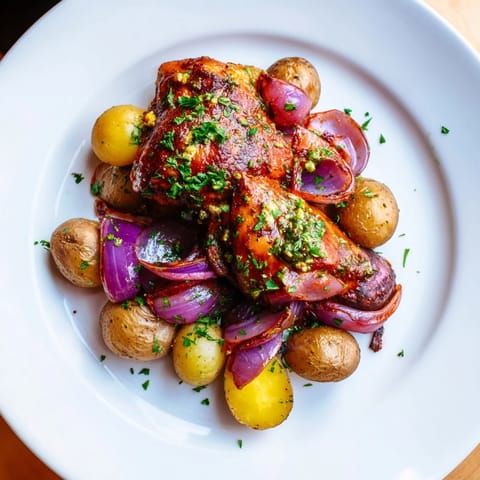 Enjoy the visually appealing Sheet Pan Zaatar Chicken dinner: browned chicken nestled with tender, roasted potatoes.