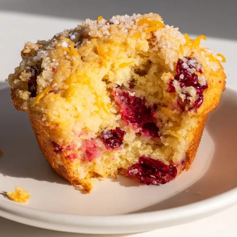 Freshly baked Quick Festive Cranberry Orange Muffins, slightly domed, boasting a perfect balance of tart and sweet.