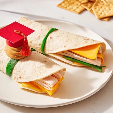 Delicious Graduation Cap Diploma Snack Wraps ready to serve, with rolled tortillas and mini truffle hats.