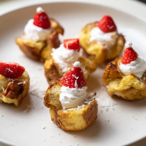 Bite-sized Santa Hat Bread Pudding, warm from the oven, ready for your holiday celebrations.