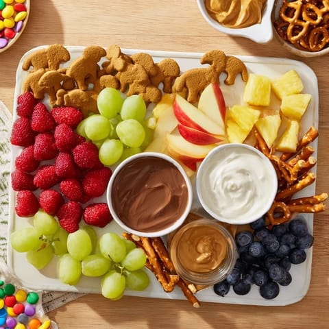 This Animal Cracker Safari Board shows a vibrant arrangement of crackers, fruit, and sweet dips for kids.