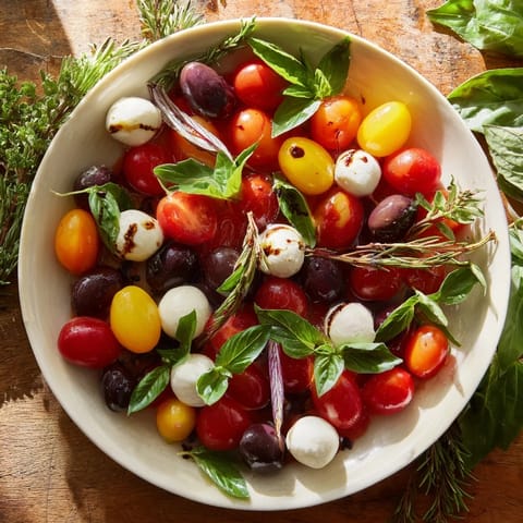 Festive appetizer wreath: A close-up of the beautiful olive and cherry tomato wreath with fresh herbs.