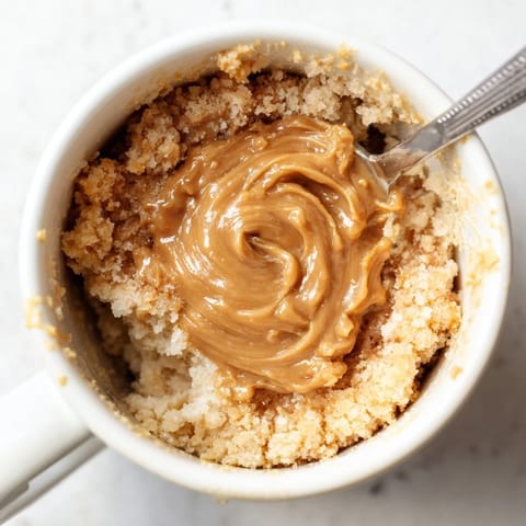 A single serving of a decadent 2-Minute Peanut Butter Mug Cake, perfect for a quick dessert craving.