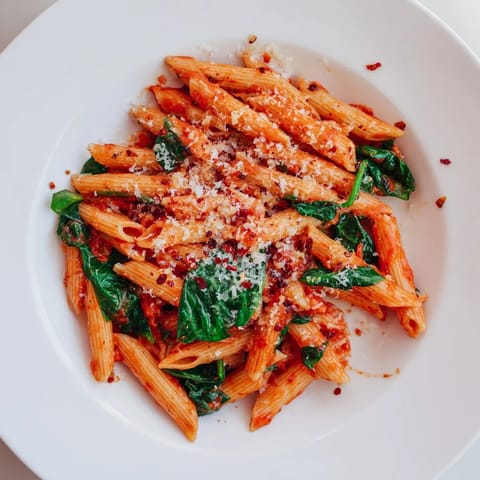 This Quick Marinara Pasta with Spinach features a vibrant red sauce, fresh green spinach, and perfectly cooked pasta strands.