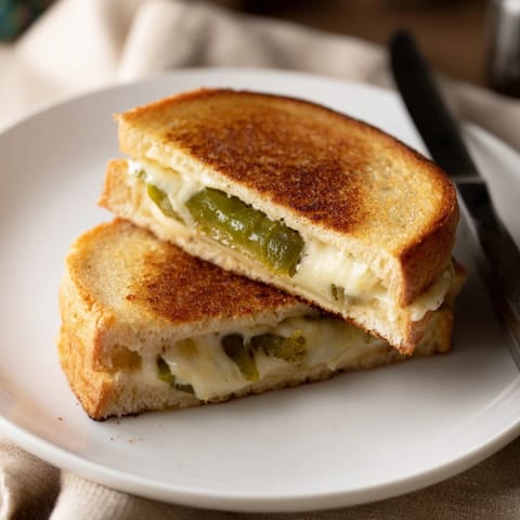 Ooey-gooey Jalapeño Pepper Jack Grilled Cheese cooking in a skillet, steaming with buttery sourdough and spicy peppers.
