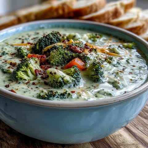 Creamy broccoli cheddar soup served hot in a rustic bowl, perfect for chilly autumn evenings.
