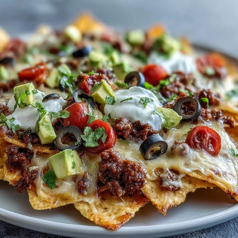 Golden, bubbly cheese blankets crispy tortilla chips layered with savory beef and fresh toppings on Baked Nachos.