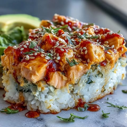 A close-up of layered Spicy Salmon Sushi Bake, showcasing seasoned rice, creamy spicy salmon, and a drizzle of sriracha mayo.