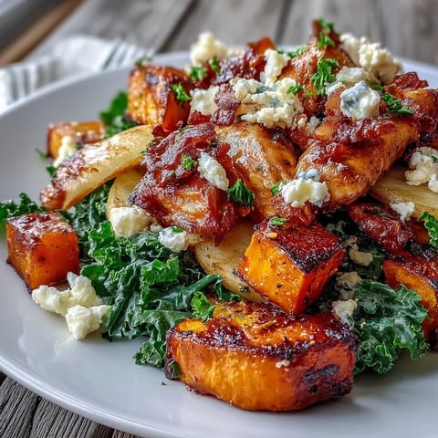 Fall Sweet Potato Harvest Bowl with creamy goat cheese, crunchy almonds, and tangy balsamic vinaigrette ready for a cozy autumn meal.