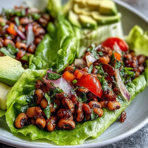 Crisp butter lettuce leaves cradling a savory black-eyed pea mixture garnished with fresh cilantro and a wedge of lemon on the side.