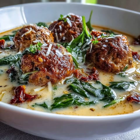 Tender turkey meatballs simmer in garlic Parmesan broth for a hearty Creamy Tuscan Turkey Meatball Soup.