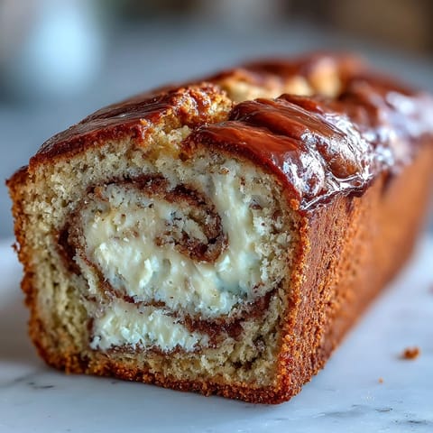 Perfectly golden brown Cream Cheese Cinnamon Swirl Protein Loaf with a rich, marbled interior, ready to be enjoyed as a high-protein breakfast or snack.