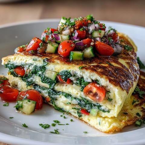 Freshly cooked Light Veggie Egg White Omelette with Salsa sits on a white plate, revealing fluffy eggs and colorful diced vegetables.