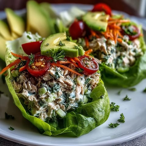 Freshly mixed High-Protein Tuna Salad Lettuce Cups topped with sliced avocado and cherry tomatoes on a plate.