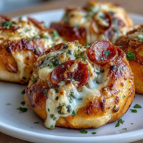 Freshly baked Pizza Roll Stuffed Garlic Knots, golden brown and blistered, brushed with melted garlic butter and fresh parsley.