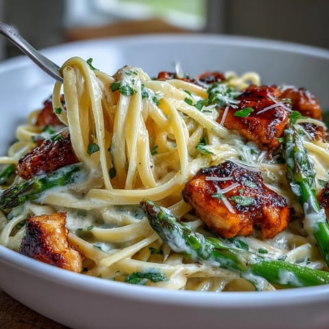 Creamy Asiago Chicken & Asparagus Pasta plated with golden roasted asparagus and tender chicken, garnished with fresh parsley.