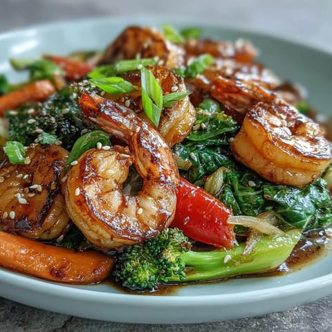 Colorful shrimp and vegetable stir-fry served over fluffy cauliflower rice, a quick and healthy low-carb dinner option.