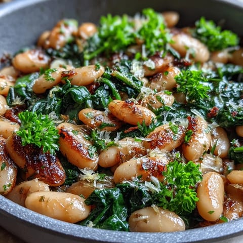 A vibrant vegan skillet dish with creamy white beans, fresh spinach, and zesty lemon-garlic sauce. A quick, healthy, and protein-rich meal.