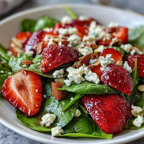 A colorful bowl of fresh strawberry spinach salad with creamy feta and golden toasted almonds, drizzled with balsamic honey dressing.  