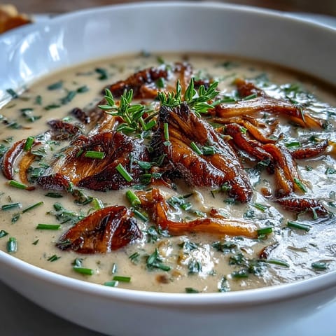 Velvety Wild Mushroom Bisque with sautéed cremini and shiitake, finished with a swirl of cream and fresh thyme.  