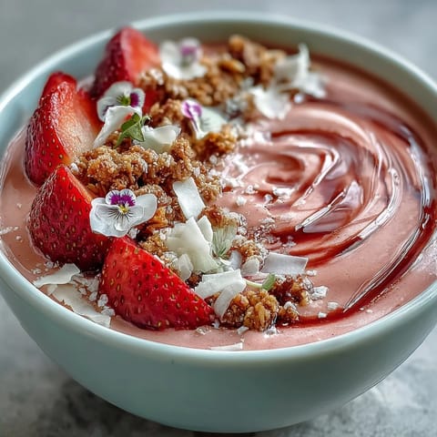 A vibrant Galentines brunch strawberry smoothie bowl, topped with crunchy granola and fresh berries for a festive start to your day.