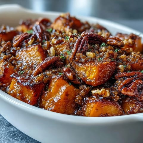 2. Rich and creamy candied yams casserole crowned with crunchy pecan streusel, a must-have side dish for festive gatherings.  