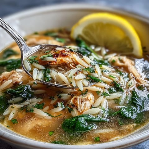 A steaming bowl of lemon chicken orzo soup with tender chicken, fresh spinach, and orzo pasta in a bright, citrusy broth.