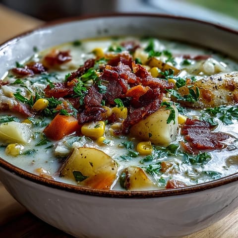 A comforting bowl of light ham and potato chowder, garnished with fresh parsley and packed with diced ham and vegetables.  