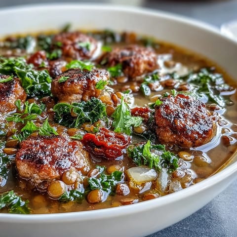 Warm bowl of spicy sausage and lentil soup featuring tender kale and smoky spices, perfect for a comforting dinner.  