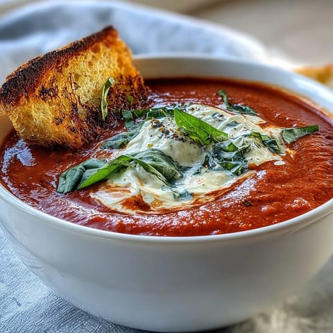 Creamy Tomato Basil Soup with Sourdough Dippers in a rustic bowl, garnished with fresh basil leaves and served with golden, crispy sourdough strips for dipping.