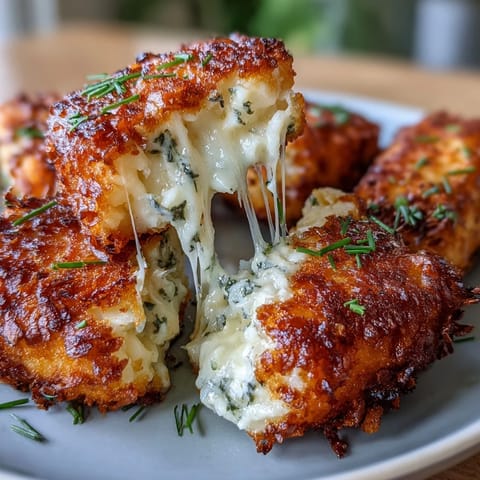 Cheesy potato croquettes inspired by funeral potatoes, air-fried until crispy and served with green onions.