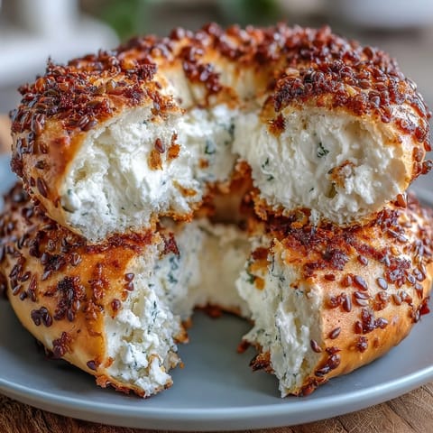 Golden cottage cheese bagels with a chewy crust and soft, fluffy interior, topped with everything bagel seasoning for a high-protein breakfast treat.