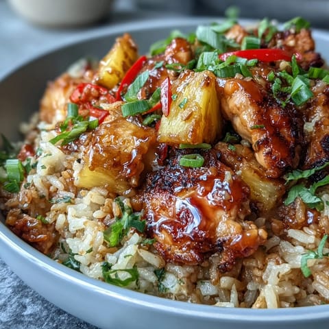 Vibrant pineapple chicken and rice skillet with bell peppers, a colorful one-pan dinner bursting with sweet and savory flavors.  