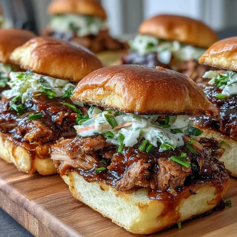 Smoky slow-cooked pulled pork with creamy coleslaw on slider buns, perfect for festive gatherings and baby shower spreads.  