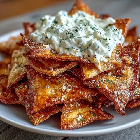 Crispy homemade pita chips with creamy tzatziki, perfect for dipping and sharing at your next gathering.