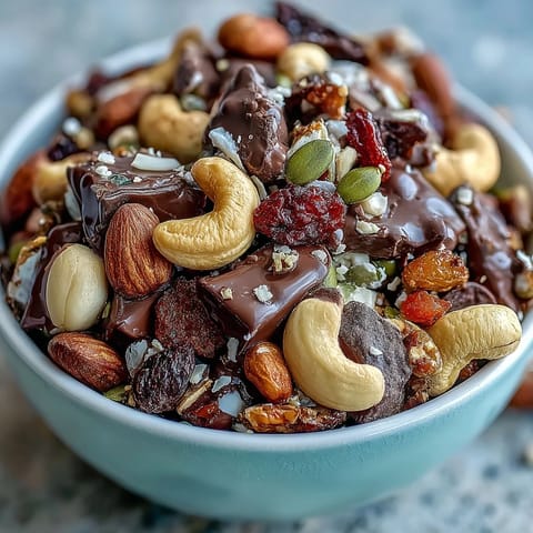 Homemade trail mix with dark chocolate, featuring crunchy almonds, cashews, and chewy dried cranberries in a rustic bowl.