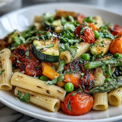 Vibrant Spring Pasta Primavera showcasing colorful vegetables tossed with penne in a light, herby lemon sauce.